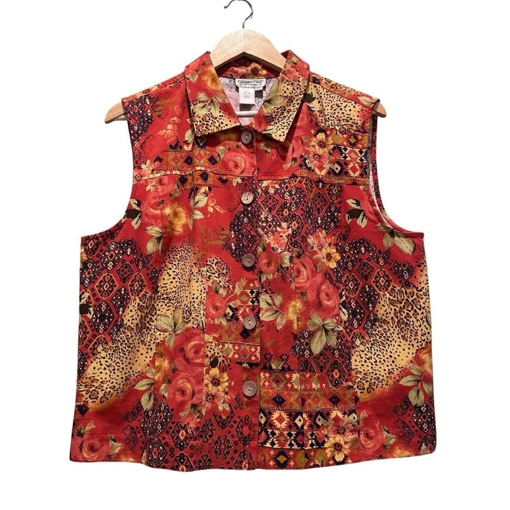 Vintage Coldwater Creek Red Orange Floral Fall Button Up Vest XL‎ Cotton Cottage